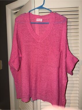 Pink Lily | Pink V-Neck Knit Sweater with Pocket, size M
